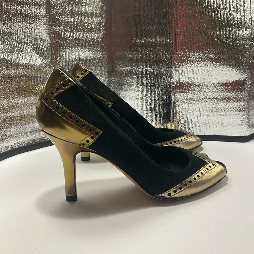 Gucci Black and Gold Heels with Peep Toe Design
